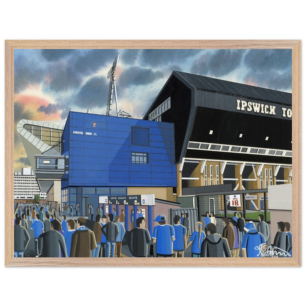 Thumbnail: Ipswich Town FC Portman Road  football stadium scene by artist Andrew Robinson andrewrobinsonart.com. Available in fine art print, poster, canvas prints and mugs etc 