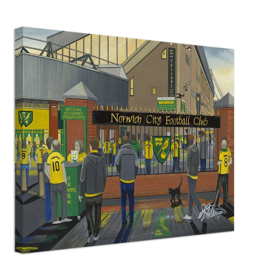 Norwich City F.C, Football  Stadium By Artist Andrew Robinson andrewrobinsonart.com, Andrew Robinson art .Framed Fine Art Prints, Posters, Canvas Prints, Framed canvas prints, Ceramic Mugs etc sport, football, rugby, NFL