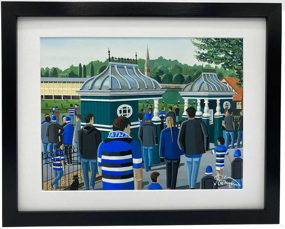 Bath rugby, Recreation Ground rugby stadium scene by artist Andrew Robinson andrewrobinsonart.com. Available in fine art print, poster, canvas prints and mugs etc