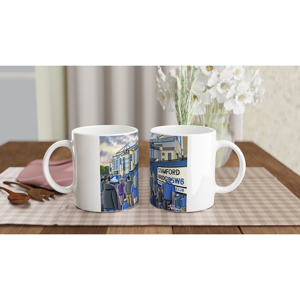 Chelsea FC, Stamford Bridge Stadium Football Club Art By artist Andrew Robinson. Fine art prints, posters, canvas prints, & mugs etc available from andrewrobinsonart.com