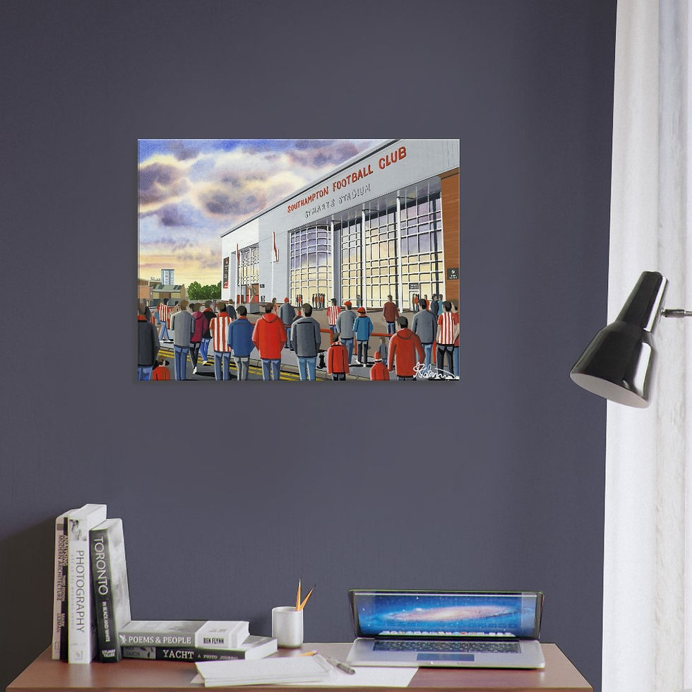Thumbnail: Southampton F.C football Stadium  By Artist Andrew Robinson andrewrobinsonart.com, Andrew Robinson art .Framed Fine Art Prints, Posters, Canvas Prints, Framed canvas prints, Ceramic Mugs etc sport, football, rugby, NFL