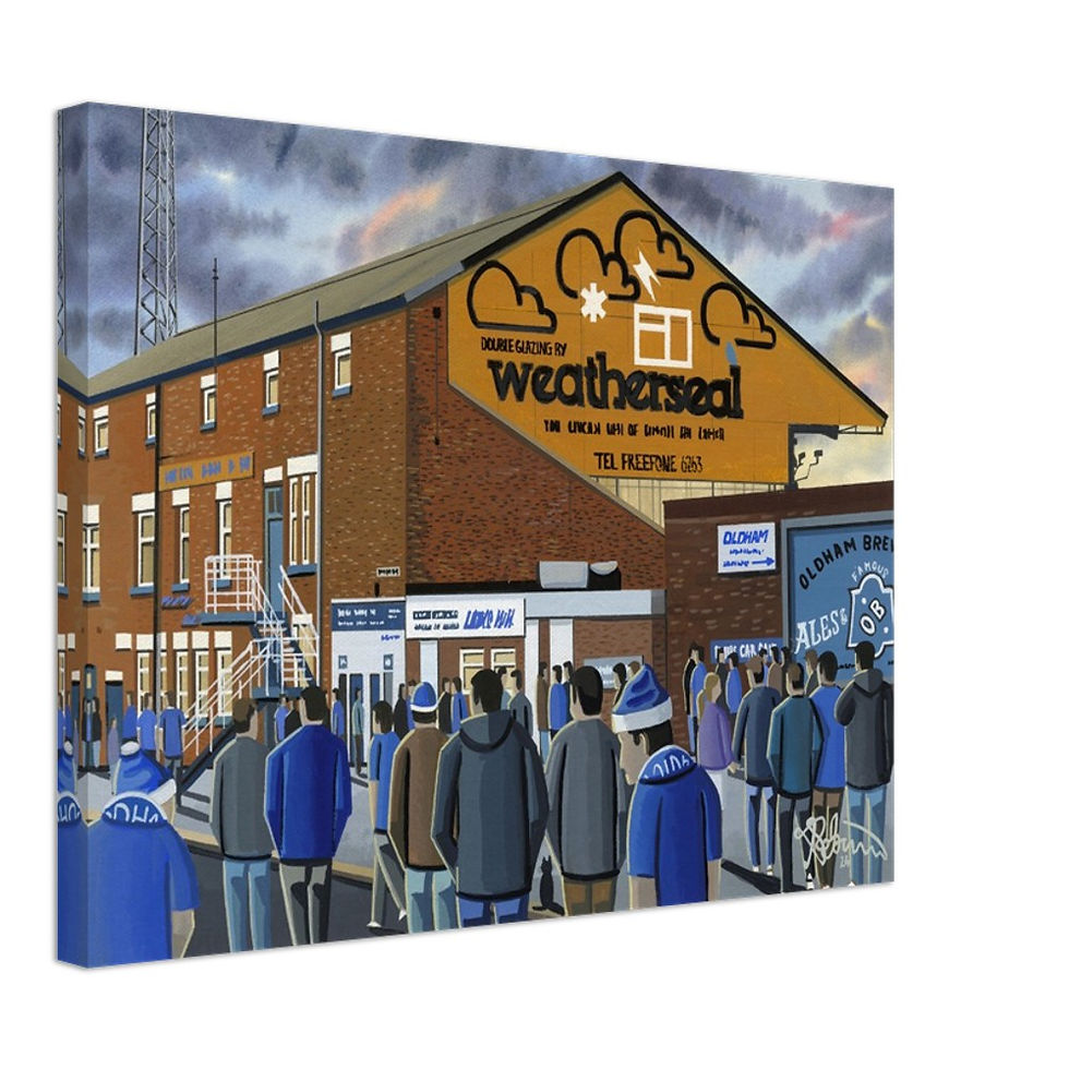 Thumbnail: Oldham Athletic F.C, Football  Stadium By Artist Andrew Robinson andrewrobinsonart.com, Andrew Robinson art .Framed Fine Art Prints, Posters, Canvas Prints, Framed canvas prints, Ceramic Mugs etc sport, football, rugby, NFL
