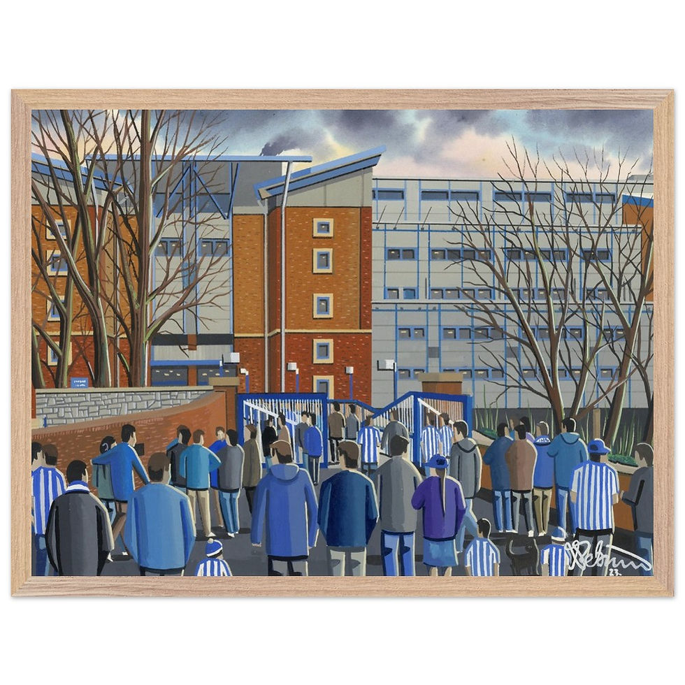 Thumbnail: Sheffield Wednesday FC Hillsborough football stadium scene by artist Andrew Robinson andrewrobinsonart.com. Available in fine art print, poster, canvas prints and mugs etc 