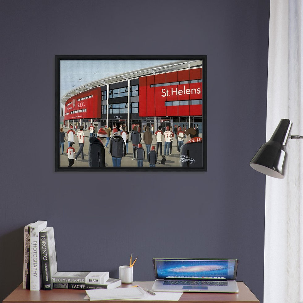 Thumbnail: St Helens Saints Langtree Park rugby stadium scene by artist Andrew Robinson andrewrobinsonart.com. Available in fine art print, poster, canvas prints and mugs etc 