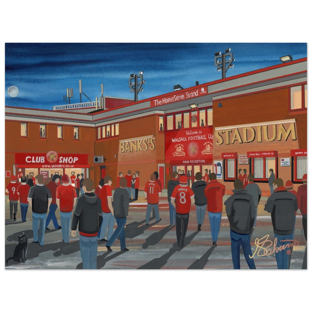 Walsall FC Bescot football stadium scene by artist Andrew Robinson andrewrobinsonart.com. Available in fine art print, poster, canvas prints and mugs etc 