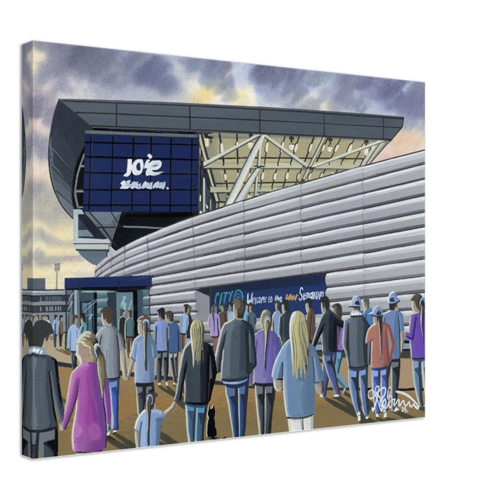 Manchester City WFC football stadium scene by artist Andrew Robinson andrewrobinsonart.com. Available in fine art print, poster, canvas prints and mugs etc
