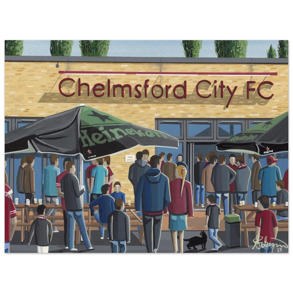 Chelmsford City Fc Melbourne Football Stadium Scene by artist Andrew Robinson andrewrobinsonart.com. Available in fine art print, poster, canvas prints and mugs etc
