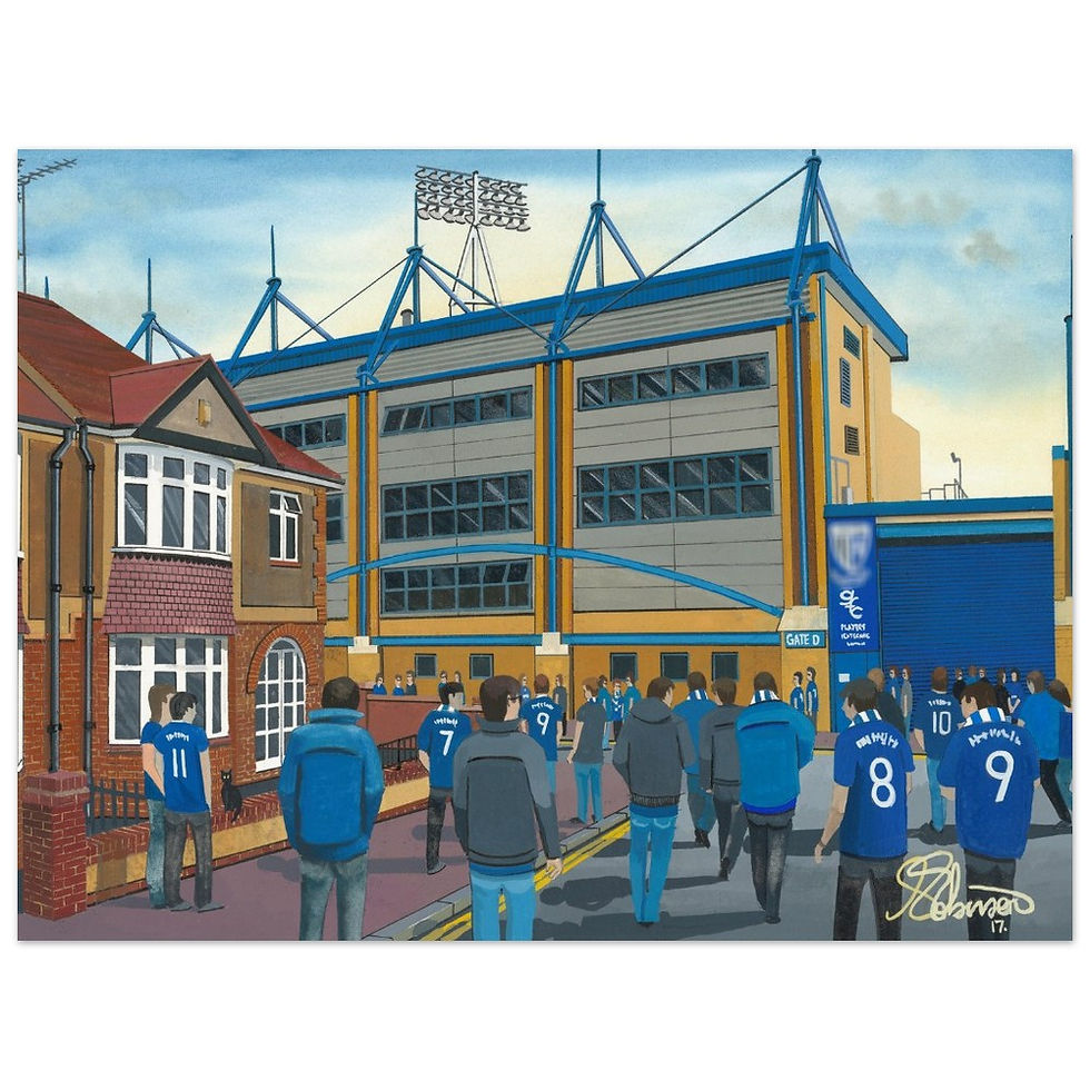 Gillingham FC Priestfield football stadium scene by artist Andrew Robinson andrewrobinsonart.com. Available in fine art print, poster, canvas prints and mugs etc