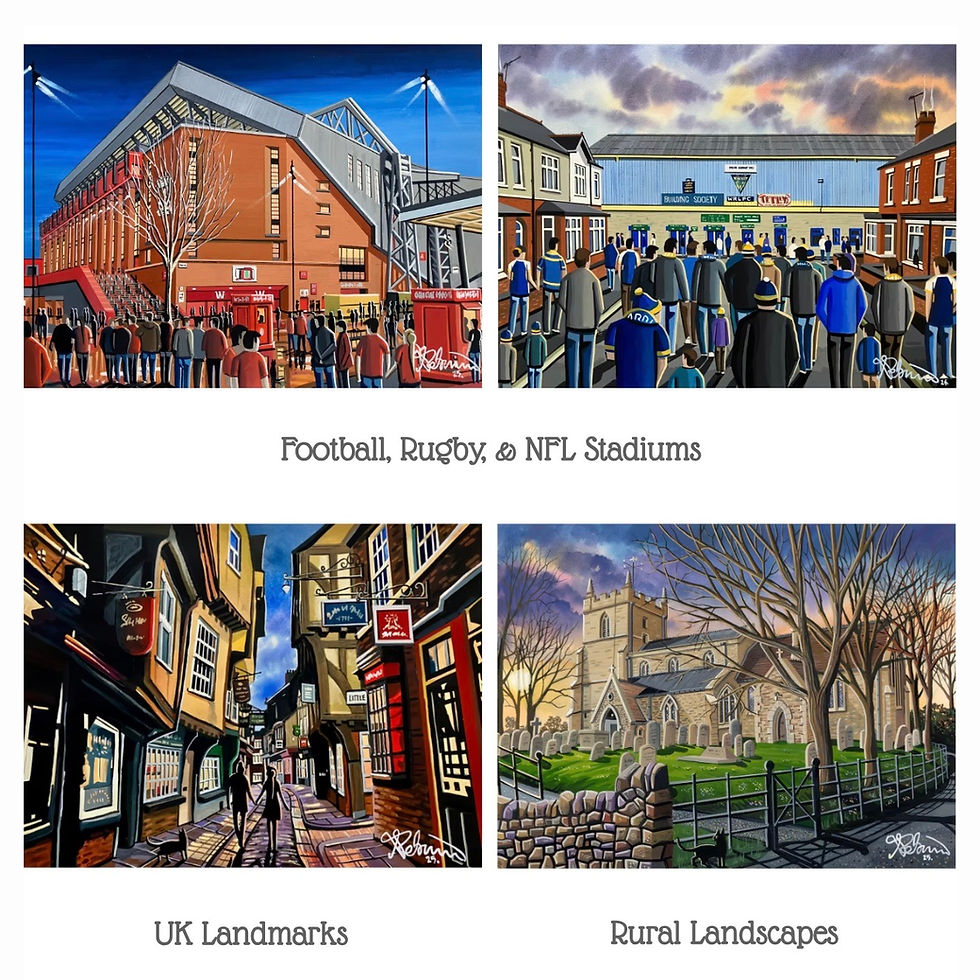 Andrew Robinson Art different themes painted by the artist, Football stadium art, rugby stadium art, NFL stadum art, Snooker art. Uk Landmarks & cityscapes plus Rural landscapes. andrewrobinsonart.com
