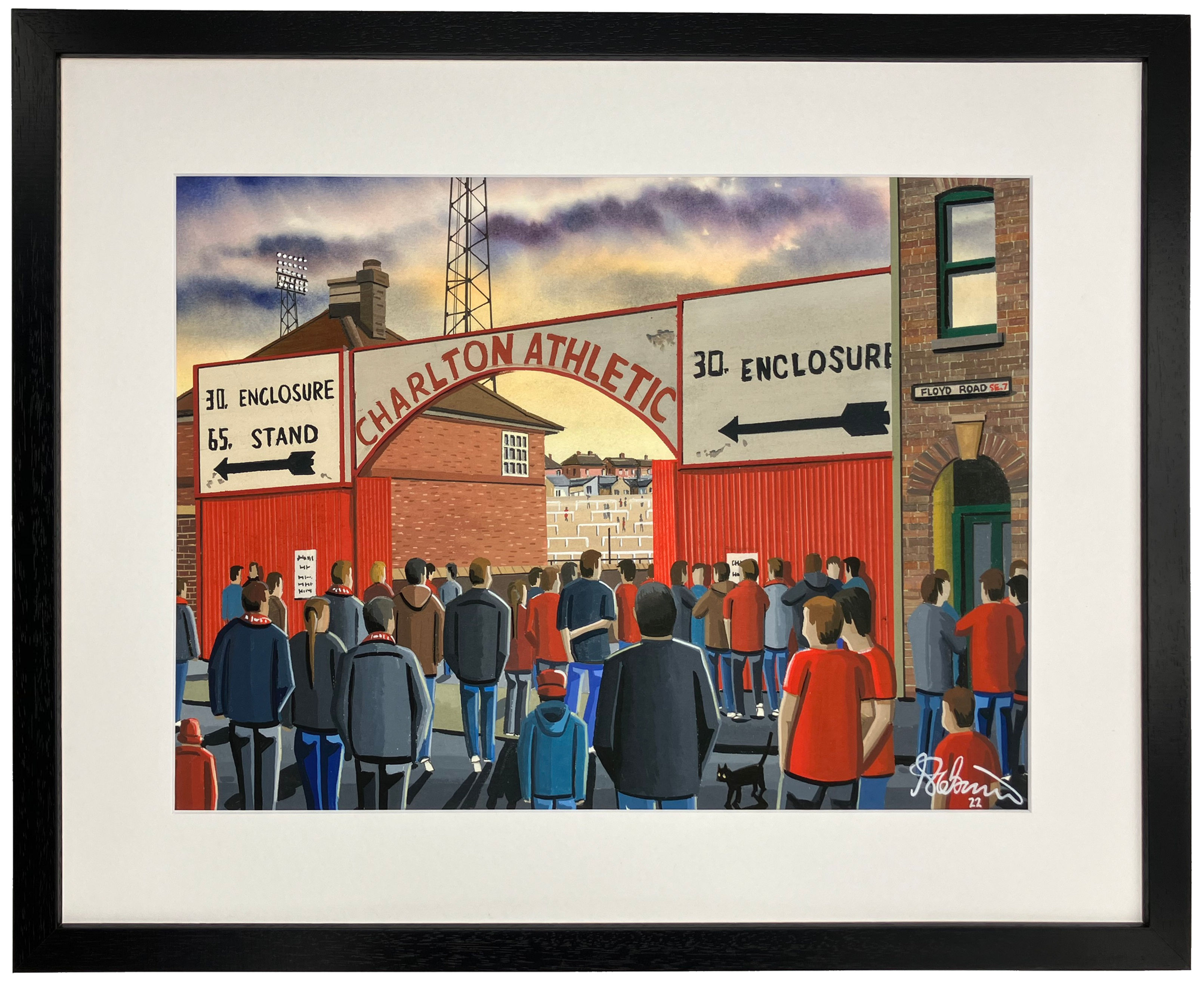 Charlton Athletic FC Retro The Valley Football Stadium Scene by artist Andrew Robinson andrewrobinsonart.com. Available in fine art print, poster, canvas prints and mugs etc 