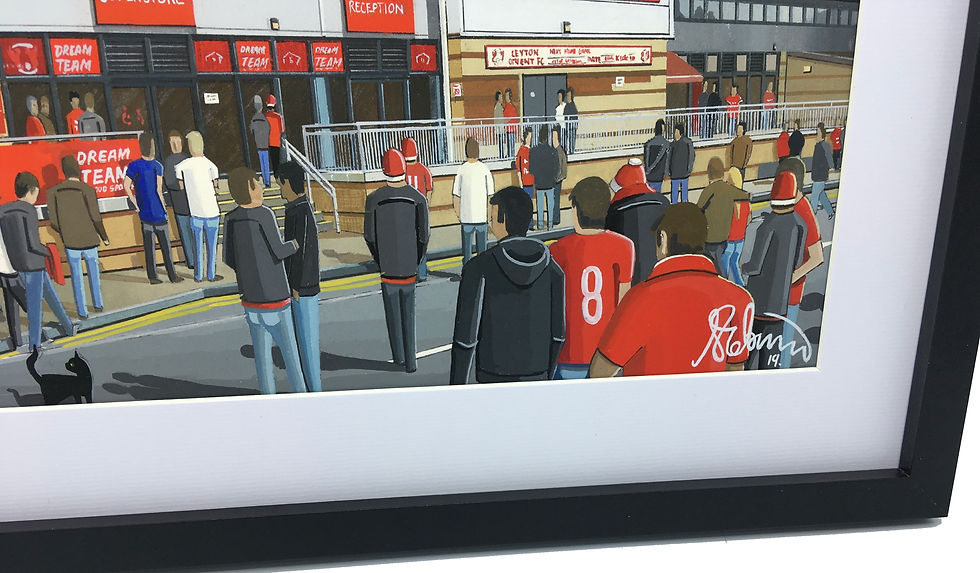 Thumbnail: Leyton Orient Brisbane Road football stadium. Ready to hang framed & mounted Utd United art print. Ideal wall art football club F.C memorabilia gift for birthdays, Christmas, Father’s Day. Perfect addition to any home or office. By artist Andrew Robinson.