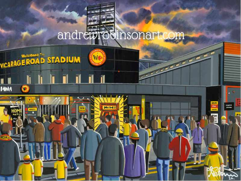Thumbnail: Watford FC Vicarage Road football stadium scene by artist Andrew Robinson andrewrobinsonart.com. Available in fine art print, poster, canvas prints and mugs etc 