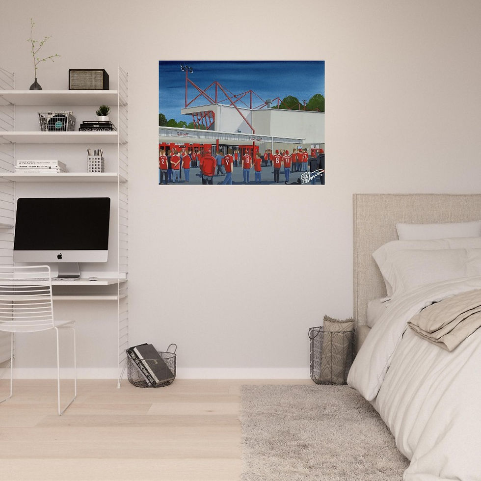 Thumbnail: Crawley Town FC Broadfield  football stadium scene by artist Andrew Robinson andrewrobinsonart.com. Available in fine art print, poster, canvas prints and mugs etc 