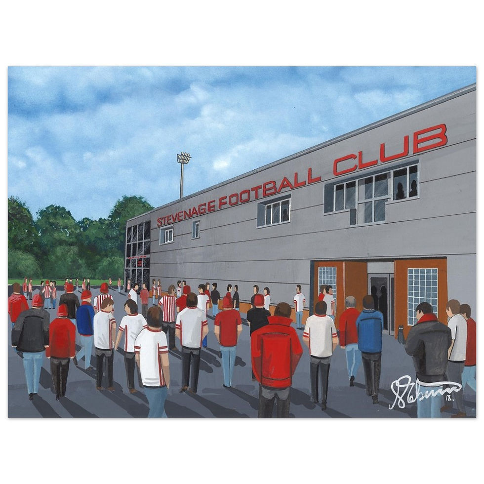 Stevenage FC Broadhall Way Football Stadium Scene by artist Andrew Robinson andrewrobinsonart.com. Available in fine art print, poster, canvas prints and mugs etc