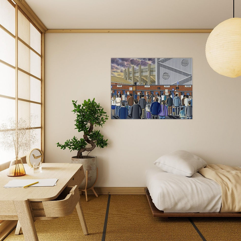 Thumbnail: Leeds United FC Elland Road football stadium scene by artist Andrew Robinson andrewrobinsonart.com. Available in fine art print, poster, canvas prints and mugs etc 