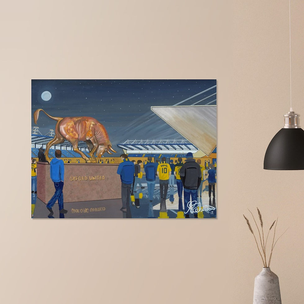 Thumbnail: Oxford United FC Kassam  Football Stadium Scene by artist Andrew Robinson andrewrobinsonart.com. Available in fine art print, poster, canvas prints and mugs etc 