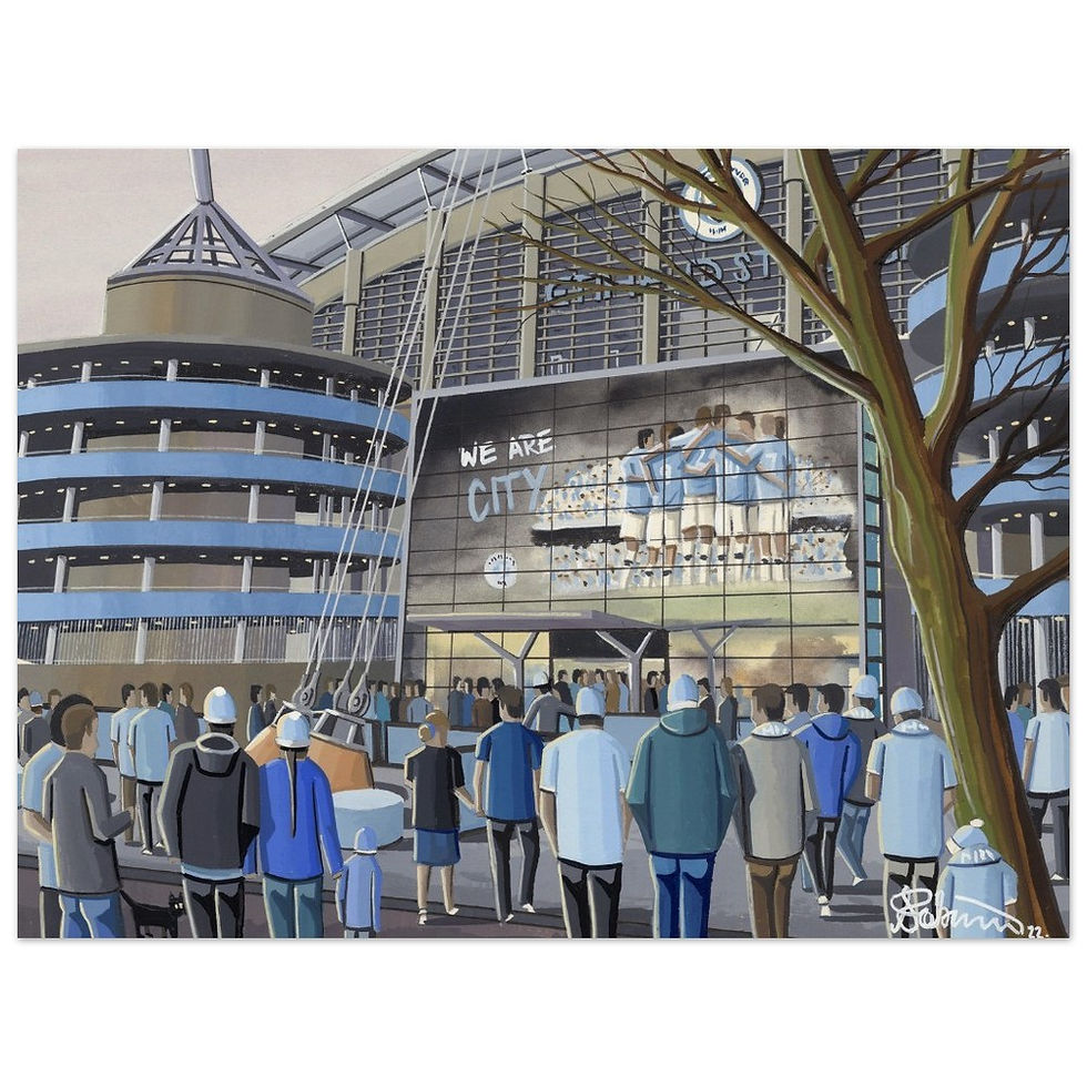Thumbnail: Manchester City FC Etihad football stadium scene by artist Andrew Robinson andrewrobinsonart.com. Available in fine art print, poster, canvas prints and mugs etc 