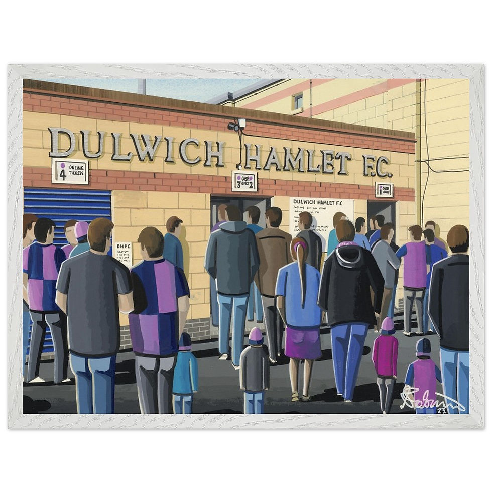 Thumbnail: Dulwich Hamlet FC Champion Hill football stadium scene by artist Andrew Robinson andrewrobinsonart.com. Available in fine art print, poster, canvas prints and mugs etc 