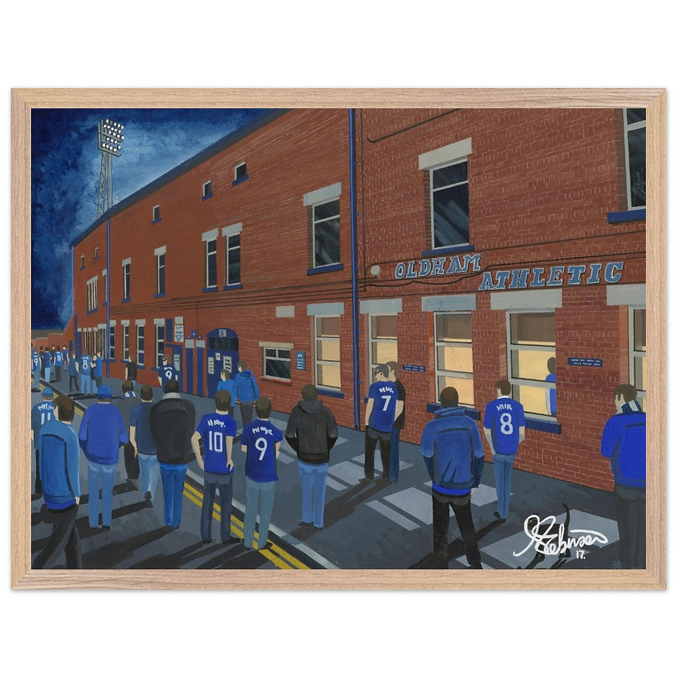 Thumbnail: Oldham Athletic FC Boundary Park Football Stadium Scene by artist Andrew Robinson andrewrobinsonart.com. Available in fine art print, poster, canvas prints and mugs etc 