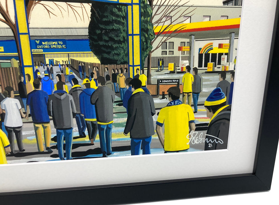 Thumbnail: Oxford United FC retro Manor Ground football stadium scene by artist Andrew Robinson andrewrobinsonart.com. Available in fine art print, poster, canvas prints and mugs etc 