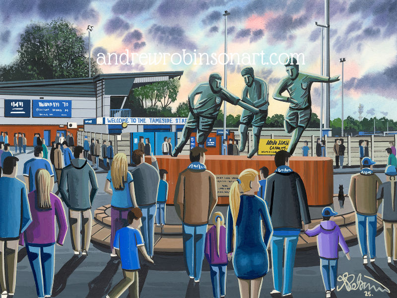 Curzon Ashton FC Football Stadium Scene By Artist Andrew Robinson. andrewrobinsonart.com