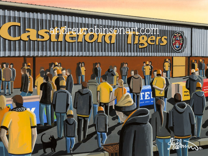 Castleford Tigers Rugby Stadium Hand painted art scene by artist Andrew Robinson. Prints available from andrewrobinsonart.com