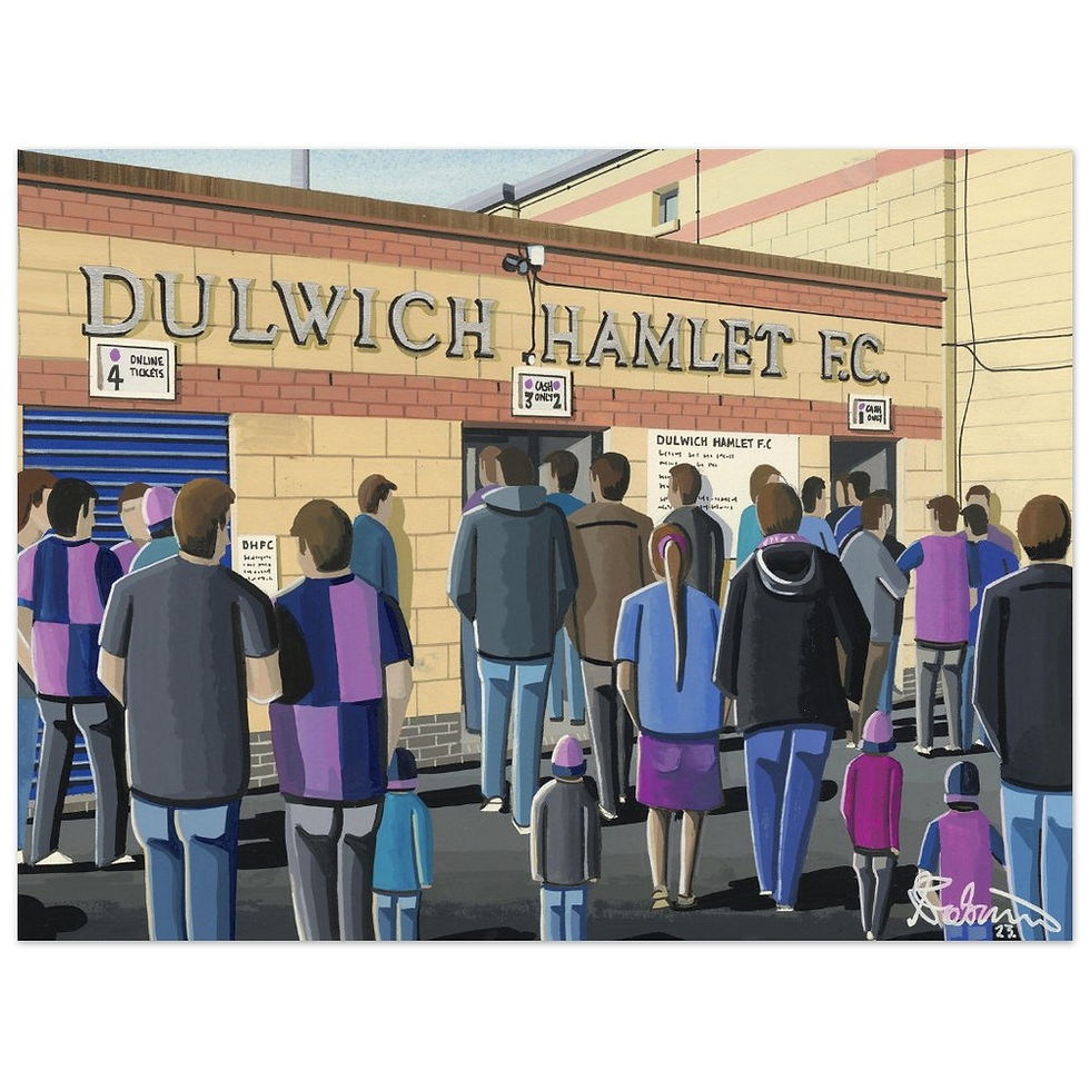 Thumbnail: Dulwich Hamlet FC Champion Hill football stadium scene by artist Andrew Robinson andrewrobinsonart.com. Available in fine art print, poster, canvas prints and mugs etc 