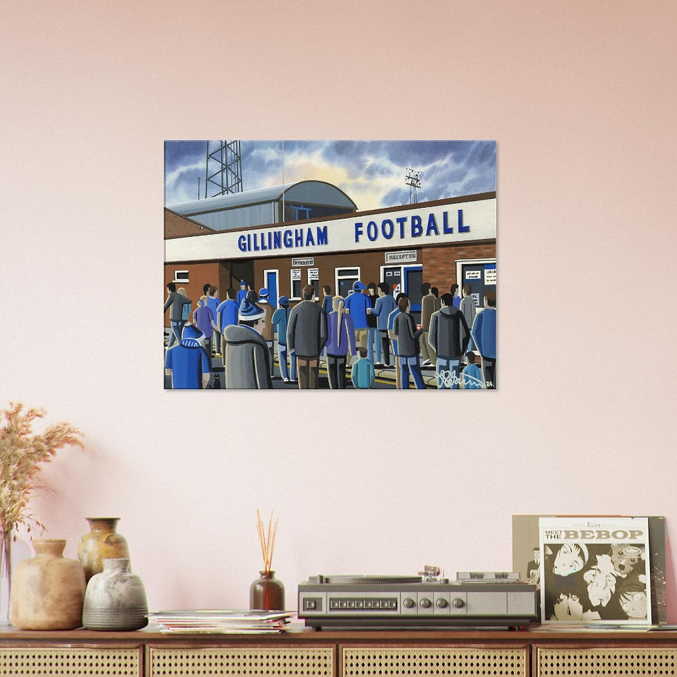 Thumbnail: Gillingham F.C, Retro Priestfield Stadium By Artist Andrew Robinson andrewrobinsonart.com, Andrew Robinson art. Framed Fine Art Prints, Posters, Canvas Prints, Framed canvas prints, Ceramic Mugs etc sport, football, rugby, NFL