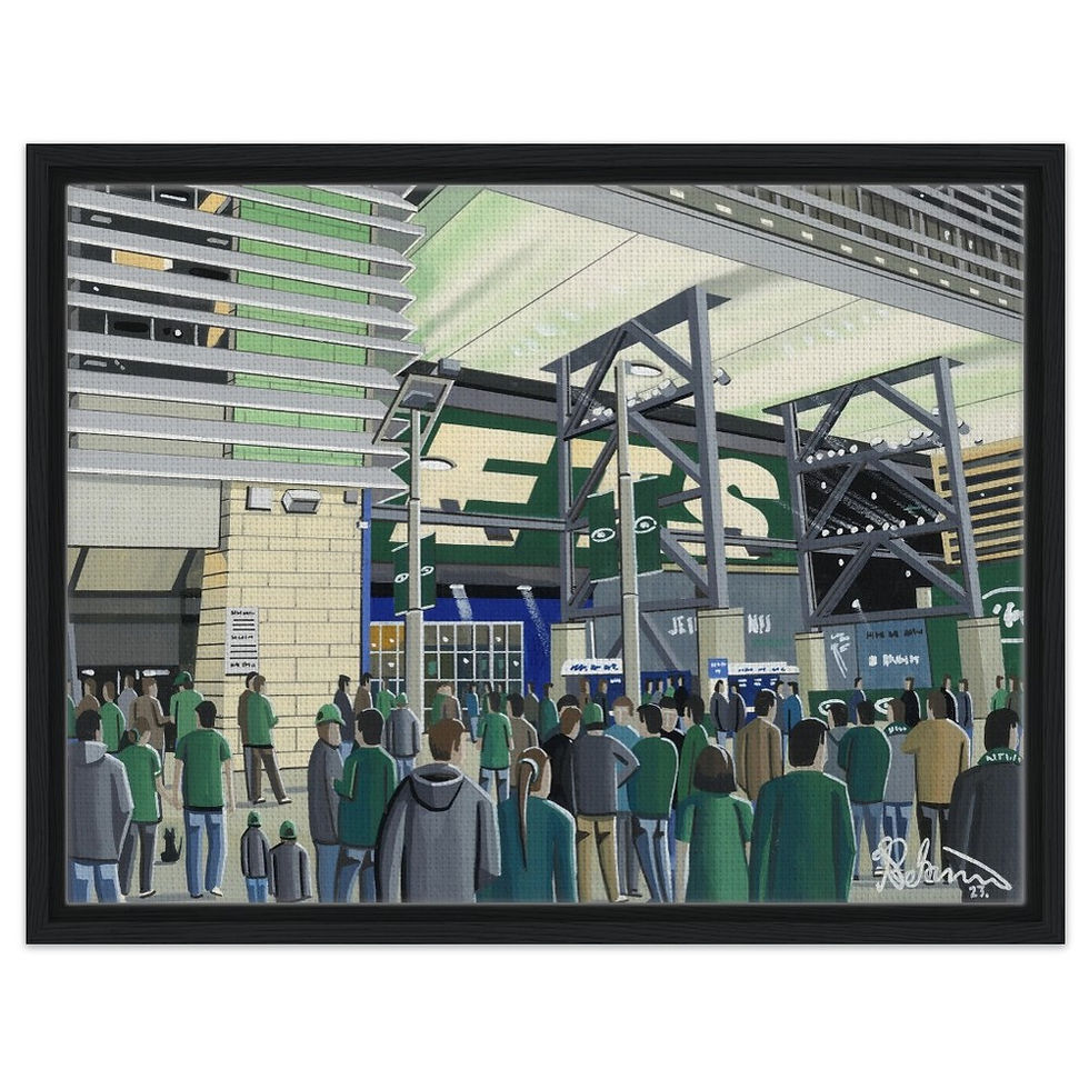 Thumbnail: New York Jets NFL Football Stadium By Artist Andrew Robinson andrewrobinsonart.com, Andrew Robinson art .Framed Fine Art Prints, Posters, Canvas Prints, Framed canvas prints, Ceramic Mugs etc sport, football, rugby, NFL