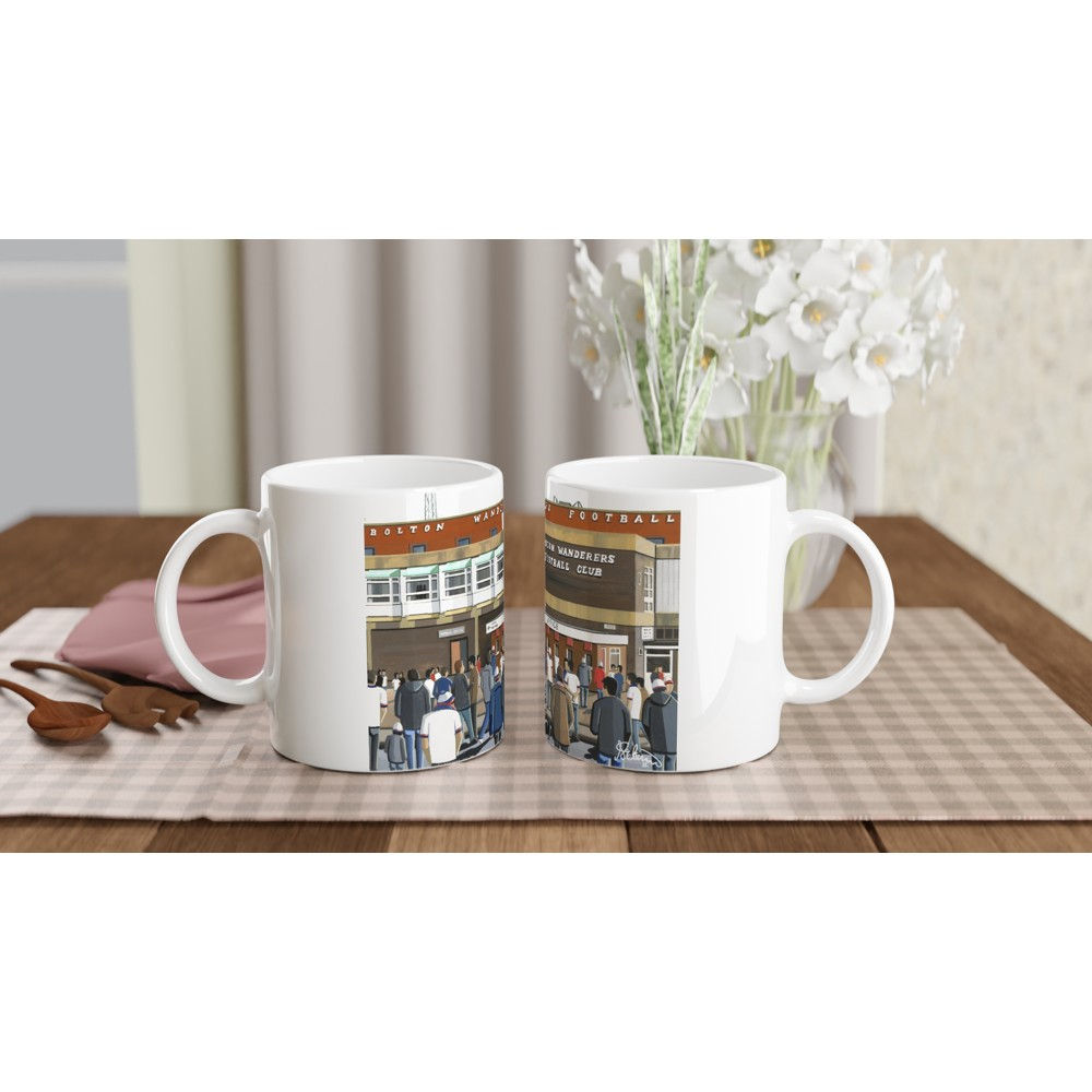Bolton Wanderers FC retro Burnden Park football stadium scene by artist Andrew Robinson andrewrobinsonart.com. Available in fine art print, poster, canvas prints and mugs etc