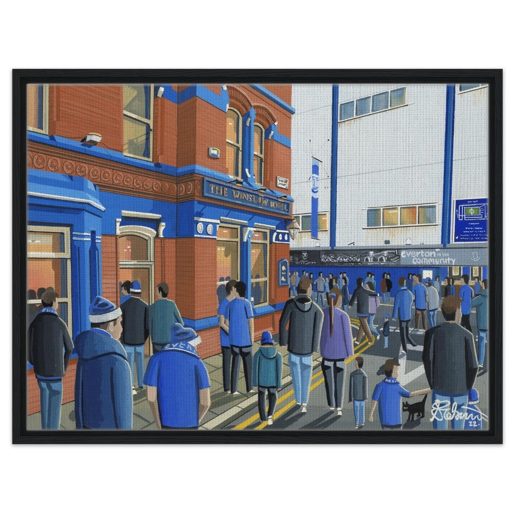 Everton F.C Goodison Park Football Stadium By Artist Andrew Robinson andrewrobinsonart.com, framed Fine Art Prints Posters, Canvas Prints, Ceramic Mugs etc