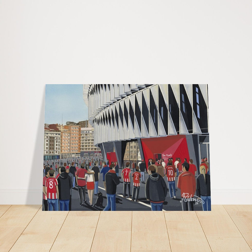 Thumbnail: Athletic Bilbao San Memes  football Stadium By Artist Andrew Robinson andrewrobinsonart.com, Andrew Robinson art .Framed Fine Art Prints, Posters, Canvas Prints, Framed canvas prints, Ceramic Mugs etc sport, football, rugby, NFL