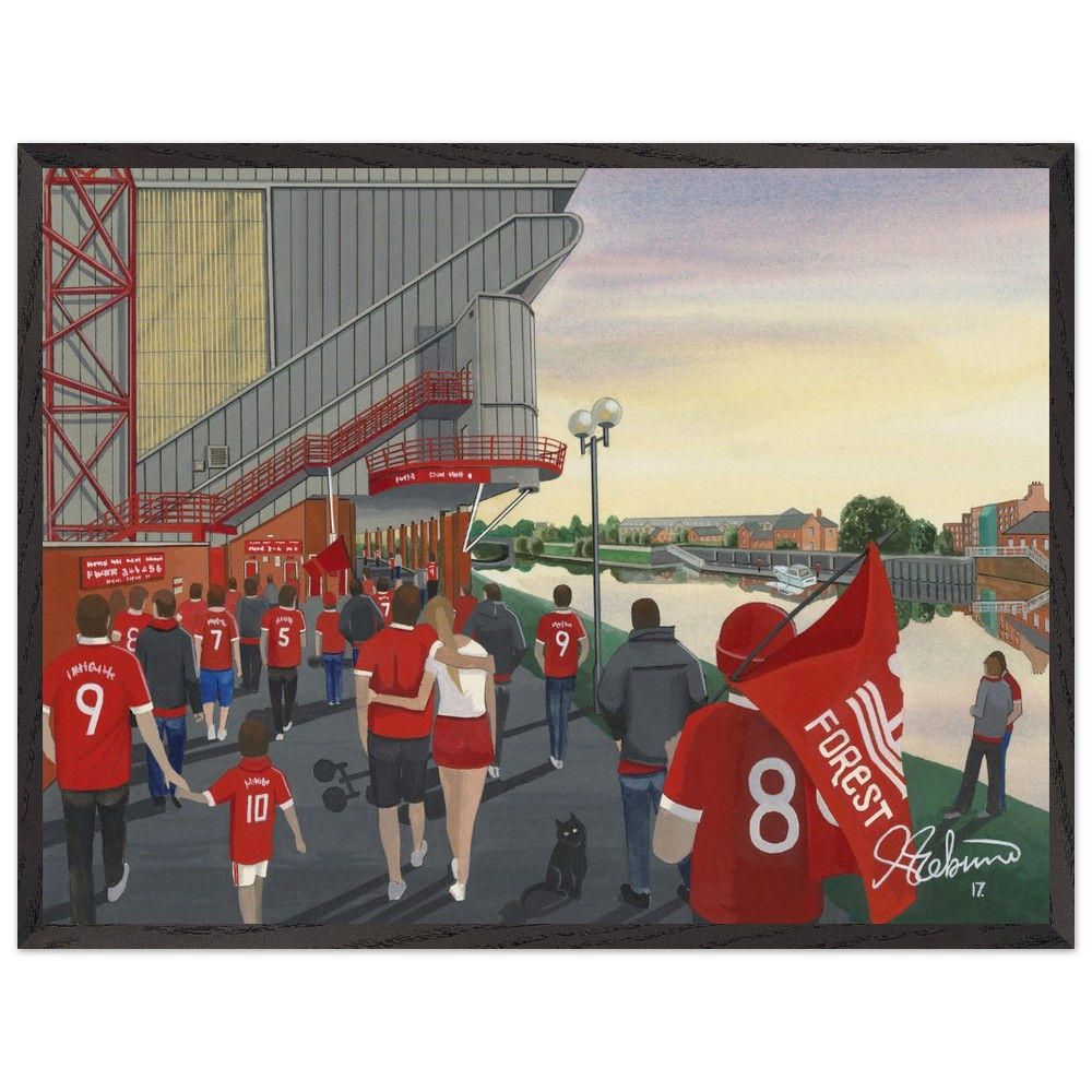 Nottingham Forest FC City Ground football stadium scene by artist Andrew Robinson andrewrobinsonart.com. Available in fine art print, poster, canvas prints and mugs etc 