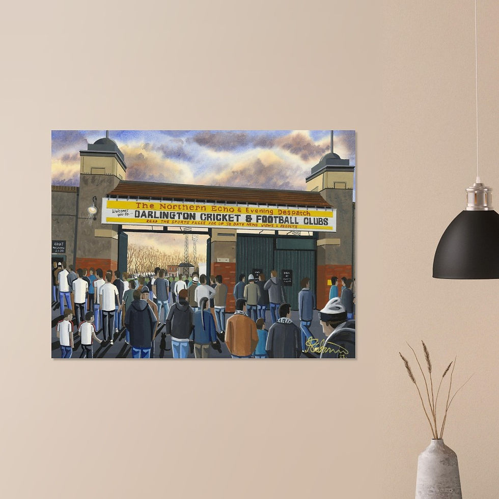 Thumbnail: Darlington FC retro Feethams  football stadium scene by artist Andrew Robinson andrewrobinsonart.com. Available in fine art print, poster, canvas prints and mugs etc 