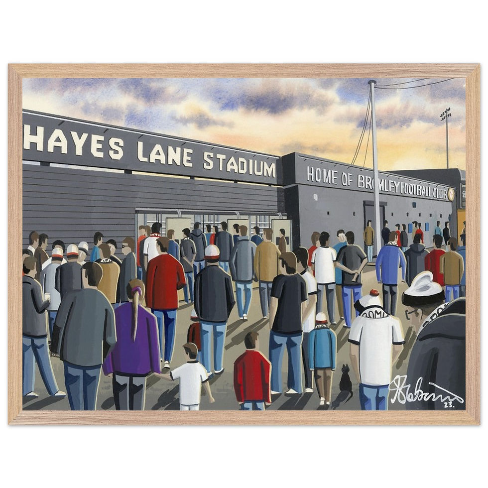 Thumbnail: Bromley FC Hayes Lane football stadium art print, poster,canvas printFramed canvas and posters & mugs etc. Art print by artist Andrew Robinson. Andrewrobinsonart.com