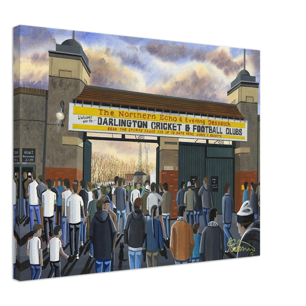 Thumbnail: Darlington Fc Retro Feethams  Football Stadium Scene by artist Andrew Robinson andrewrobinsonart.com. Available in fine art print, poster, canvas prints and mugs etc 