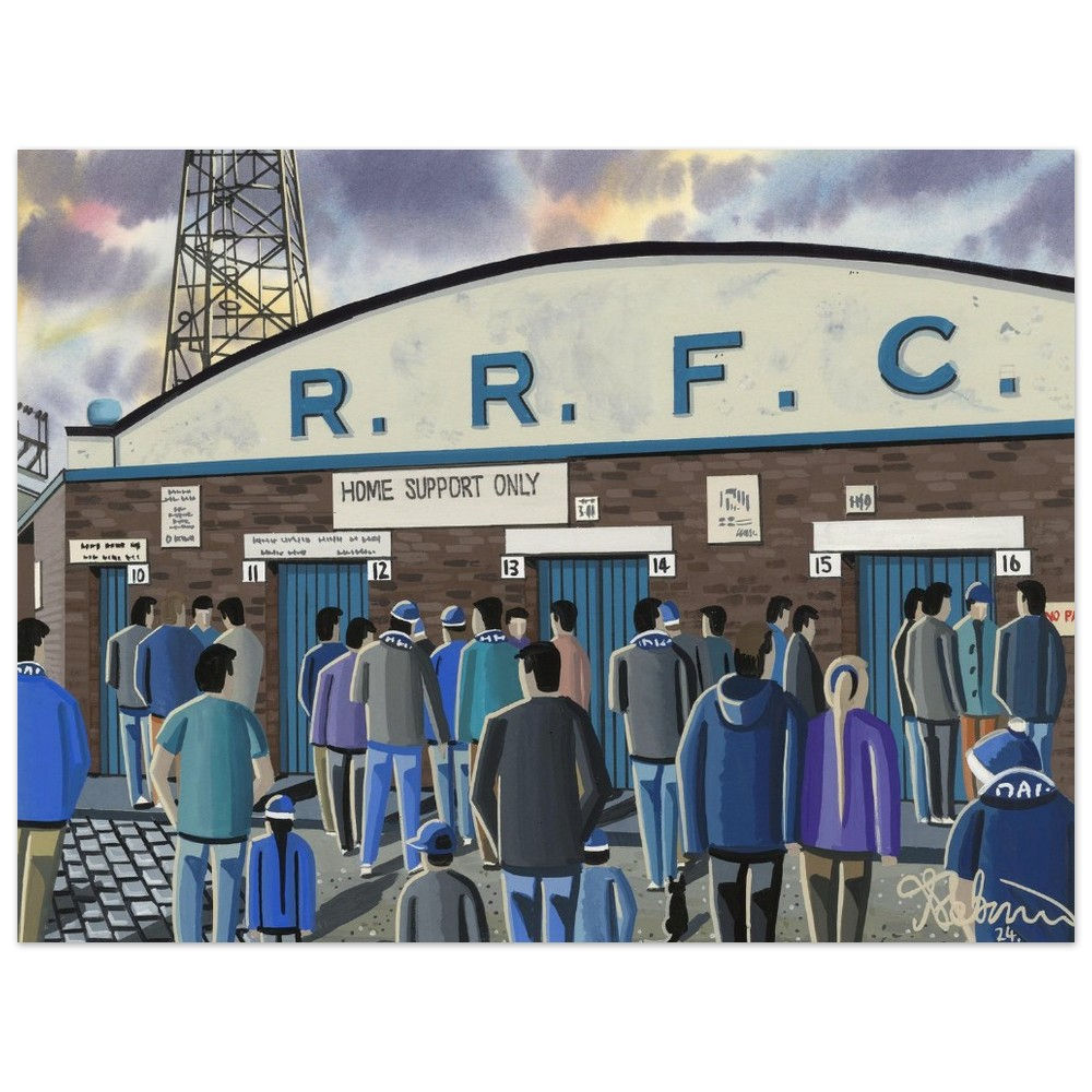 Retro Raith Rovers Starks Park Stadium By Artist Andrew Robinson, Framed Fine Art Prints, Posters, Canvas Prints, Framed canvas prints, Ceramic Mugs. andrewrobinsonart.com