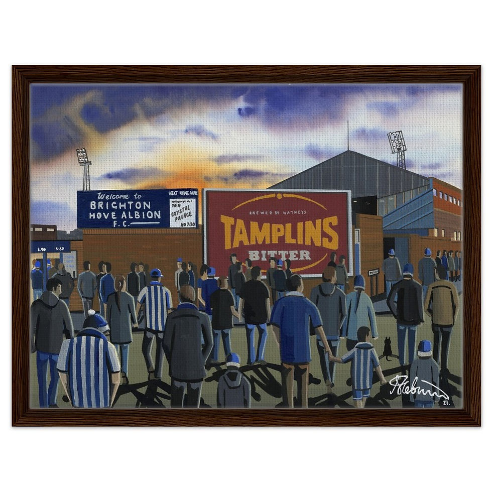 Thumbnail: Bridgton & Hove Albion FC Goldstone Ground Stadium . Football Framed Canvas Print. Ceramic Mugs, Fine Art Prints and posters etc By Artist Andrew Robinson. andrewrobinsonart.com