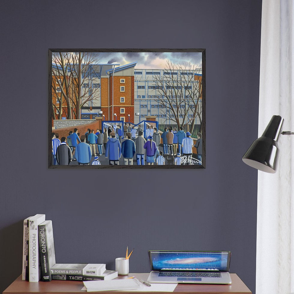 Thumbnail: Sheffield Wednesday FC Hillsborough football stadium scene by artist Andrew Robinson andrewrobinsonart.com. Available in fine art print, poster, canvas prints and mugs etc 