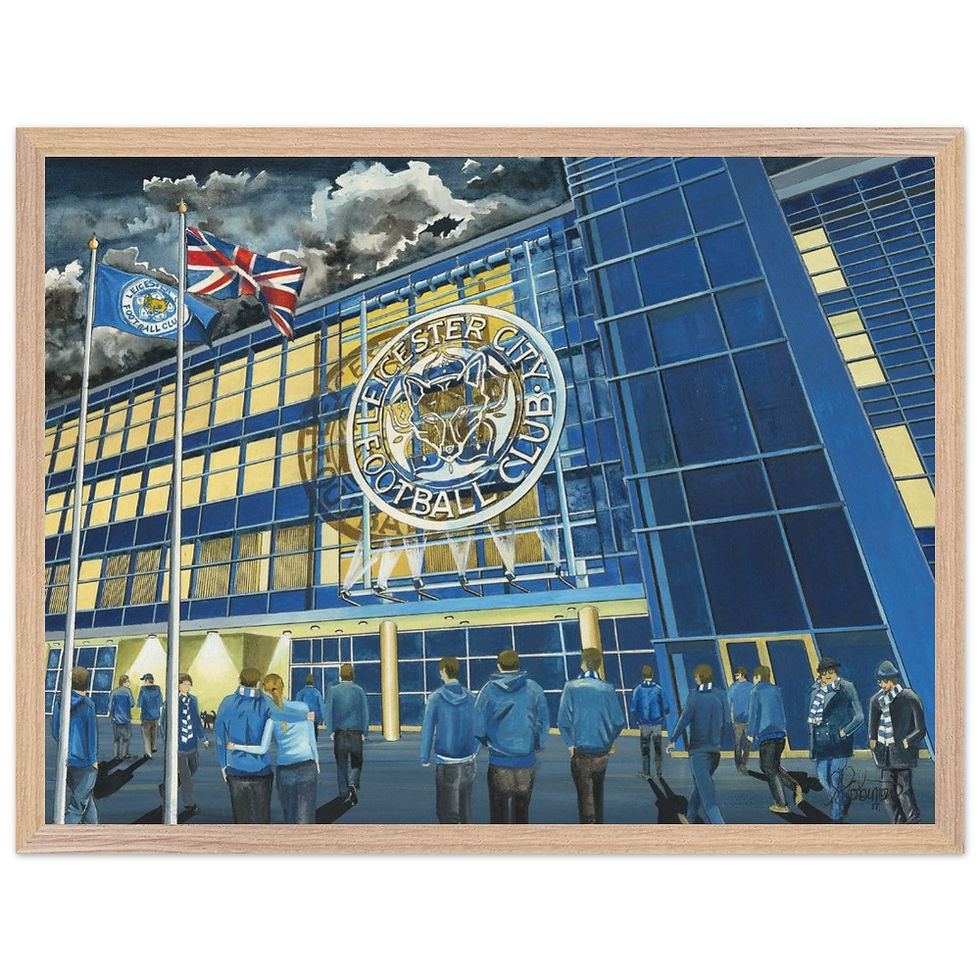 Thumbnail: Leicester City FC King Power  football stadium scene by artist Andrew Robinson andrewrobinsonart.com. Available in fine art print, poster, canvas prints and mugs etc