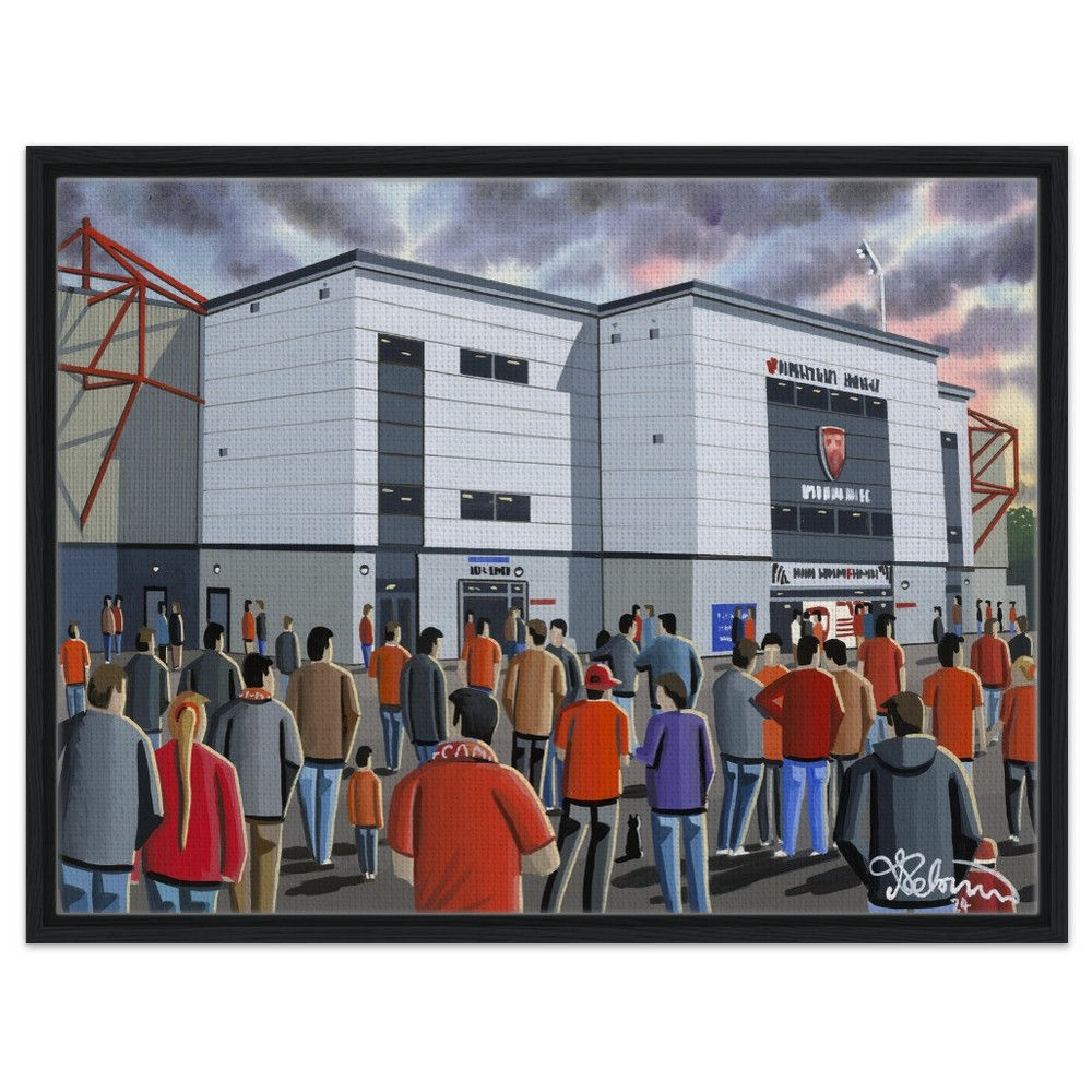 Morecambe F.C Football Stadium By Artist Andrew Robinson andrewrobinsonart.com, framed Fine Art Prints Posters, Canvas Prints, Ceramic Mugs etc