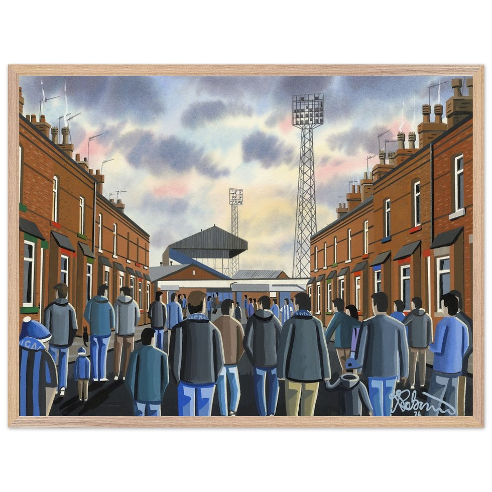 Thumbnail: Wigan Athletic F.C, Retro Springfield Park Stadium By Artist Andrew Robinson andrewrobinsonart.com, Andrew Robinson art .Framed Fine Art Prints, Posters, Canvas Prints, Framed canvas prints, Ceramic Mugs etc sport, football, rugby, NFL