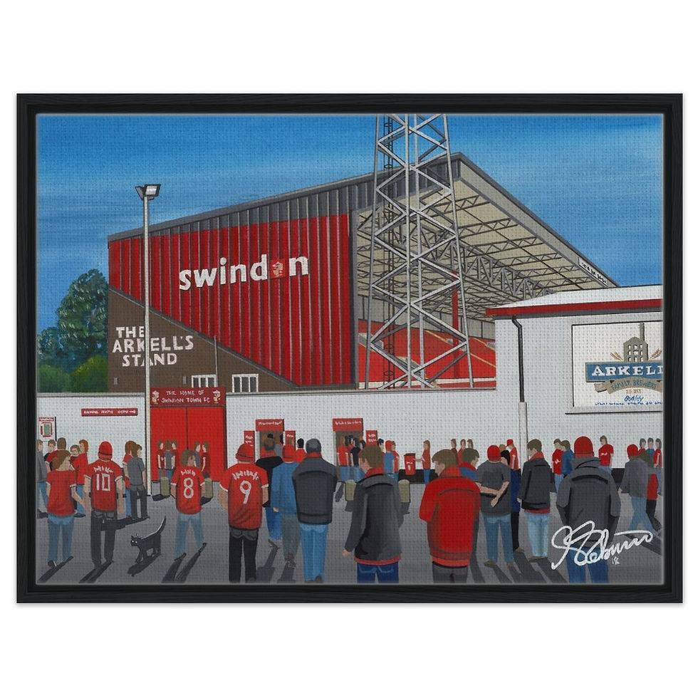 Thumbnail: Swindon Town F.C Football Stadium By Artist Andrew Robinson andrewrobinsonart.com, Andrew Robinson art .Framed Fine Art Prints, Posters, Canvas Prints, Framed canvas prints, Ceramic Mugs etc sport, football, rugby, NFL