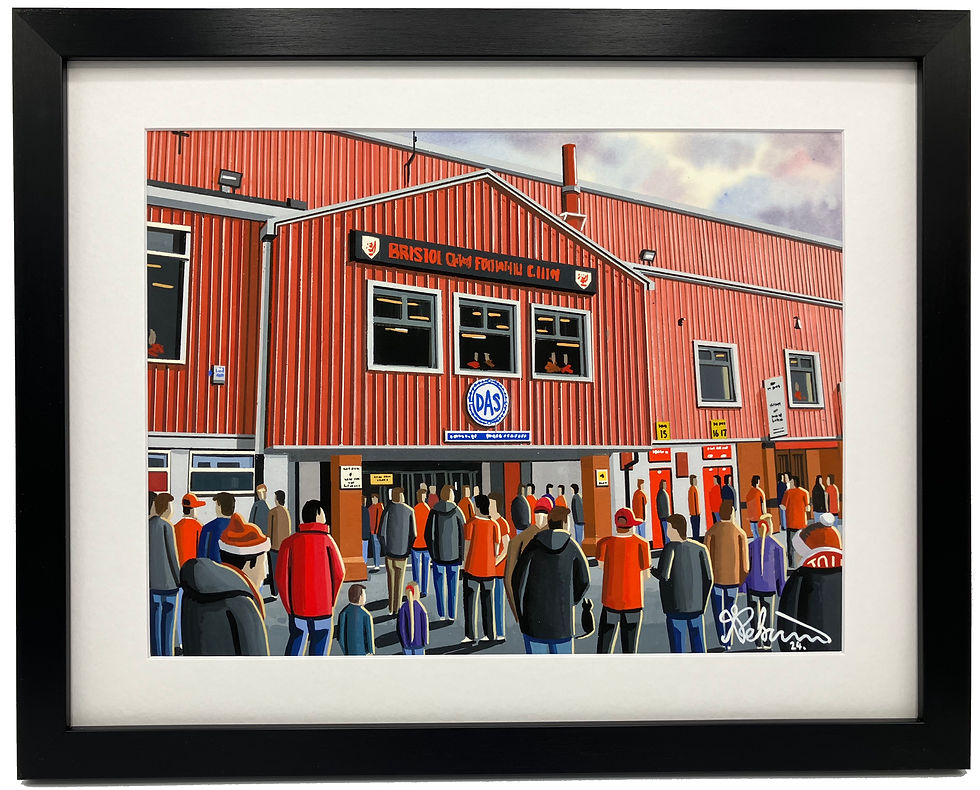 Bristol City F.C, Retro Ashton Gate Stadium By Artist Andrew Robinson andrewrobinsonart.com, Andrew Robinson art .Framed Fine Art Prints, Posters, Canvas Prints, Framed canvas prints, Ceramic Mugs etc sport, football, rugby, NFL