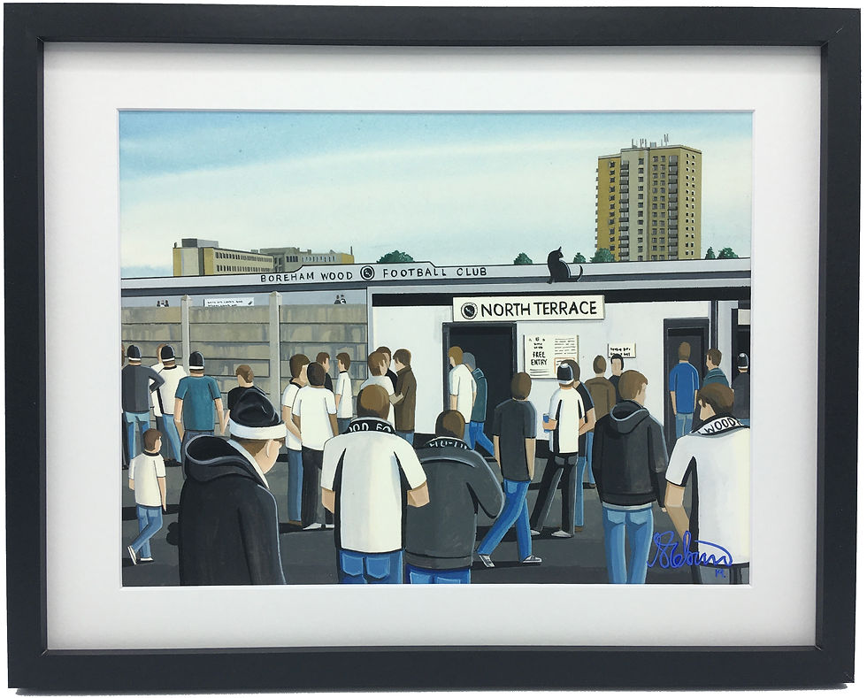 Borehamwood Fc Meadow Park football stadium. Ready to hang framed & mounted art print. Ideal wall art football club F.C memorabilia gift for birthdays, Christmas, Father’s Day. Perfect addition to any home or office. By artist Andrew Robinson.