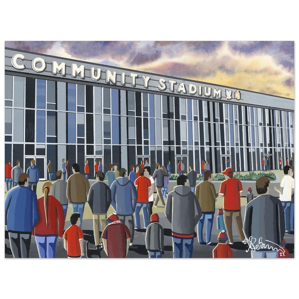 York City FC LNER football stadium scene by artist Andrew Robinson andrewrobinsonart.com. Available in fine art print, poster, canvas prints and mugs etc