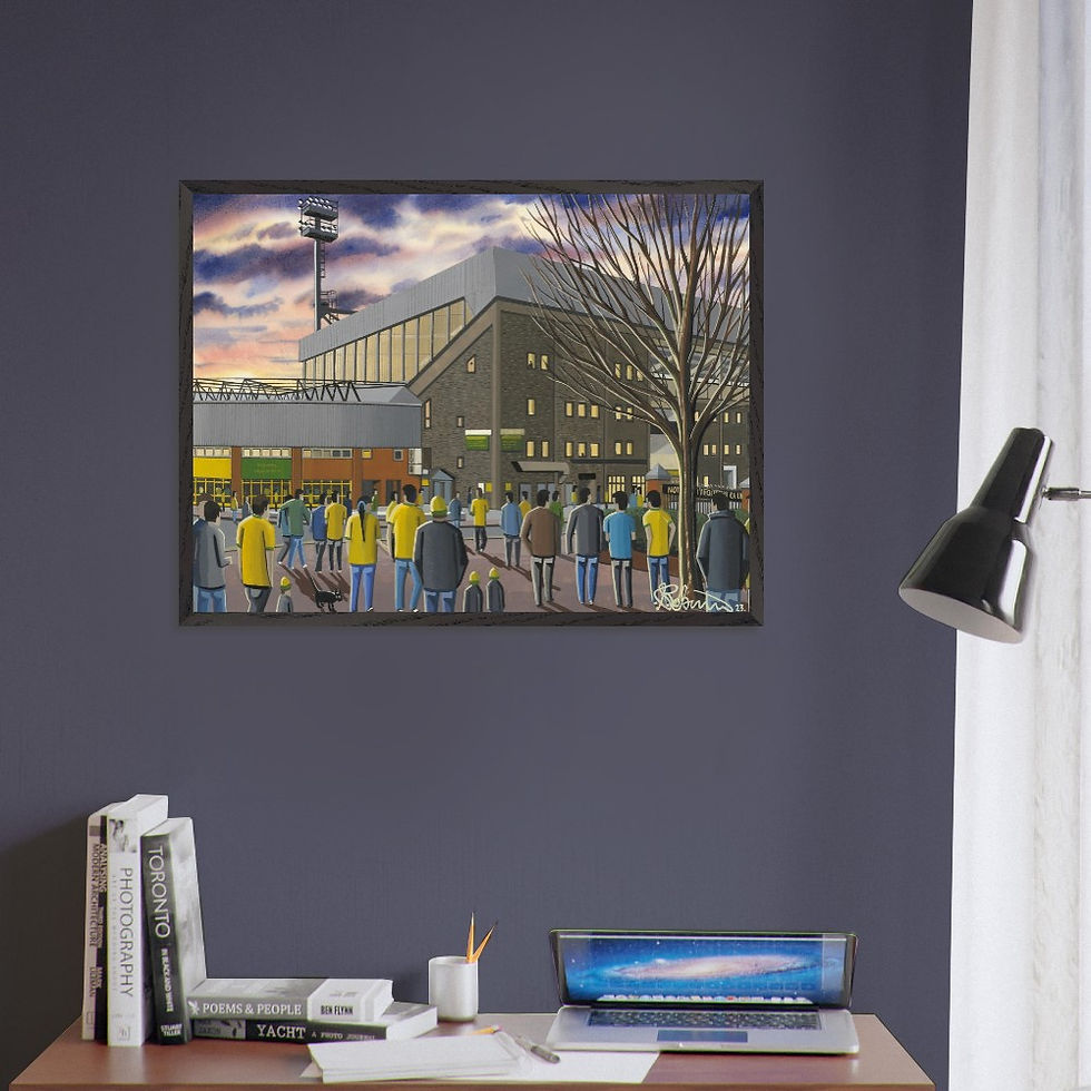 Thumbnail: Norwich City FC Carrow Road  football stadium scene by artist Andrew Robinson andrewrobinsonart.com. Available in fine art print, poster, canvas prints and mugs etc 