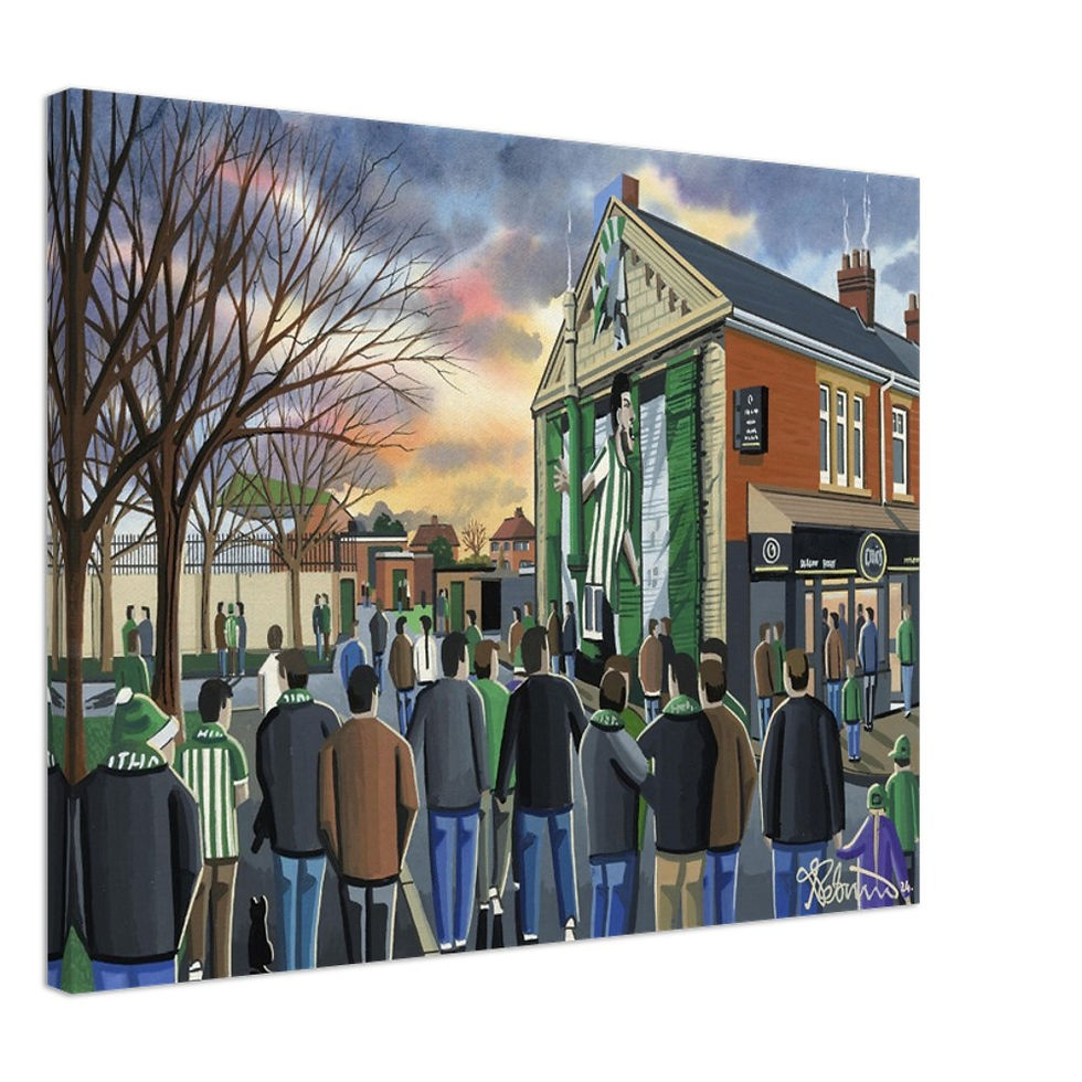 Blyth Spartans FC Croft Park Football Stadium Scene by artist Andrew Robinson andrewrobinsonart.com. Available in fine art print, poster, canvas prints and mugs etc