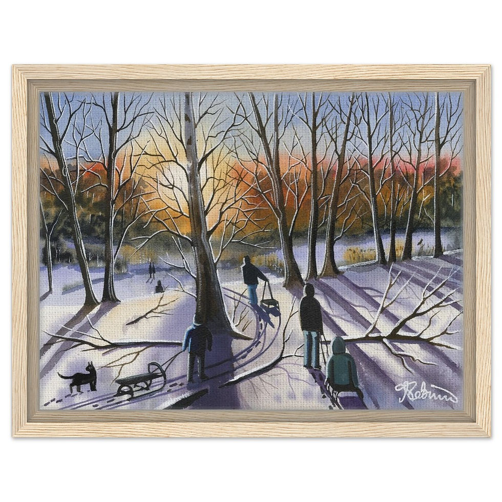 Thumbnail: Sledging at Old St Ives Old Golf Course, Cambridgeshire snow winter scene by artist Andrew Robinson andrewrobinsonart.com. Available in fine art print, poster, canvas prints and mugs etc
