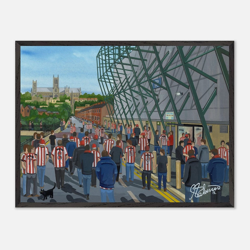 Thumbnail: Lincoln City FC Sincil Park  football stadium scene by artist Andrew Robinson andrewrobinsonart.com. Available in fine art print, poster, canvas prints and mugs etc 